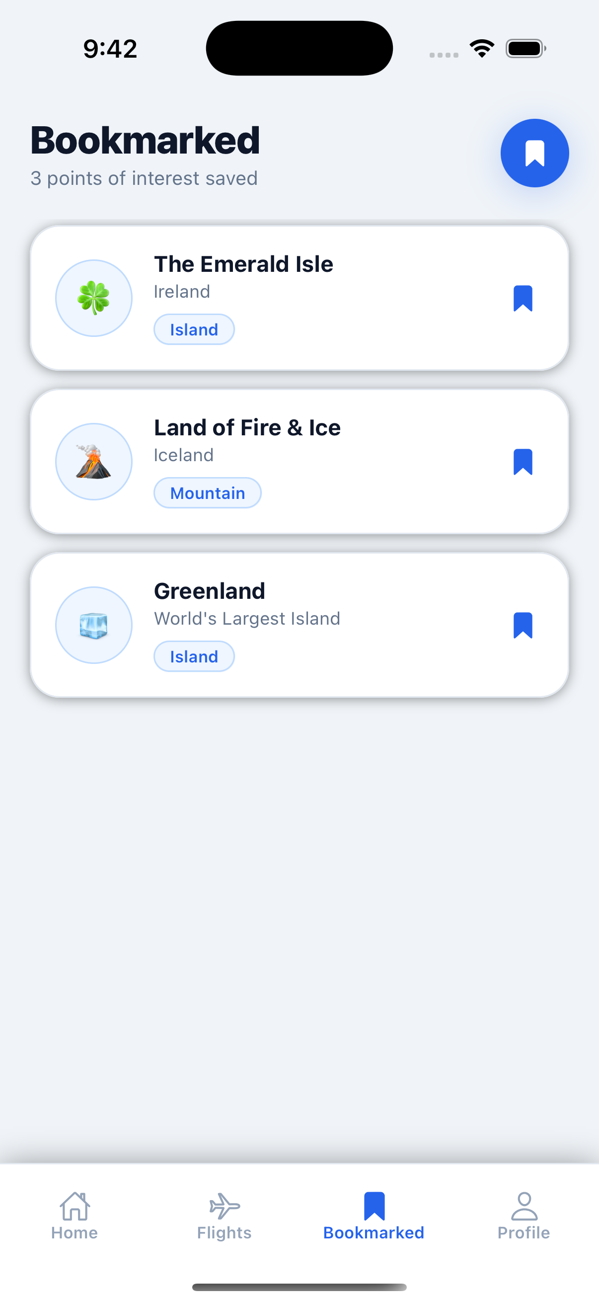 EyeTravel app showing bookmarked points of interest discovered during flights