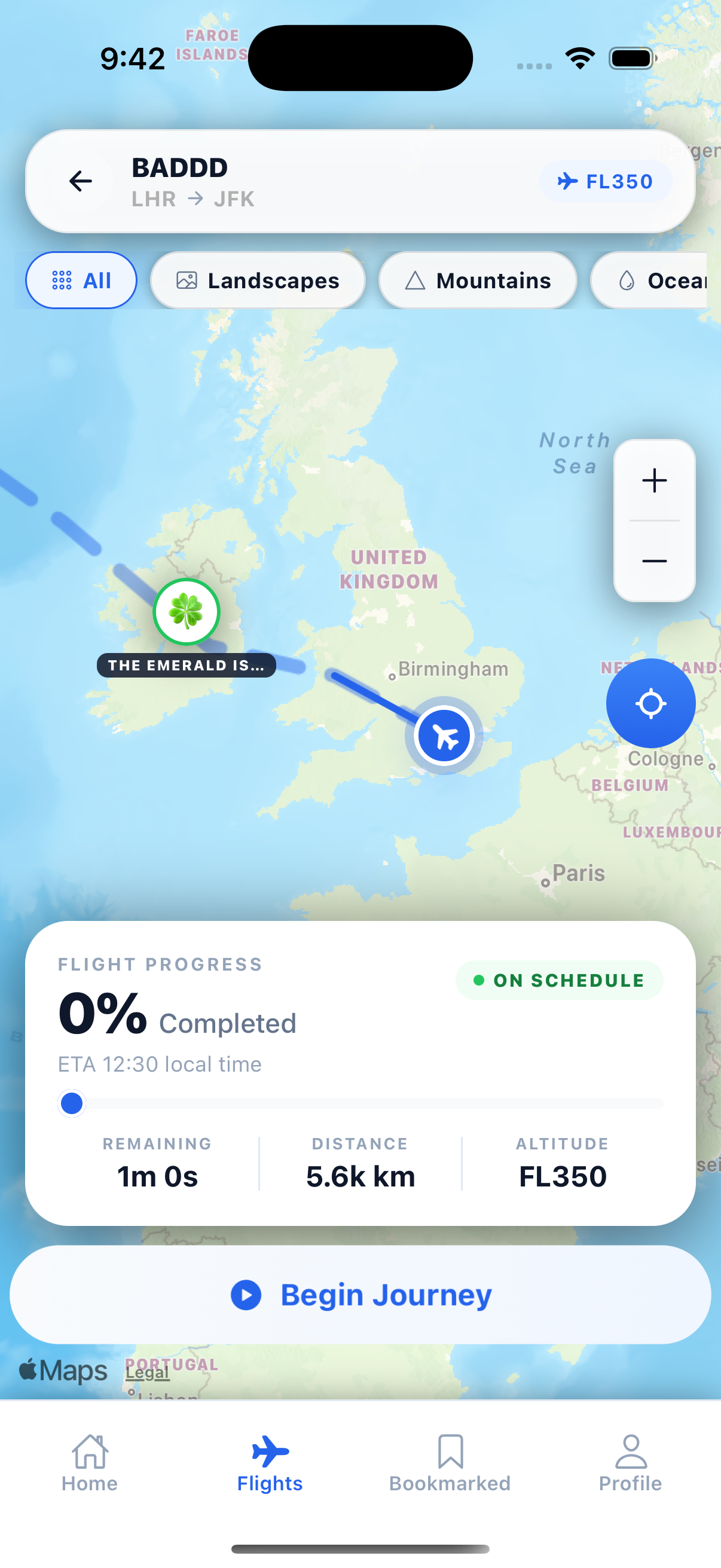 EyeTravel app showing interactive flight map with route and points of interest